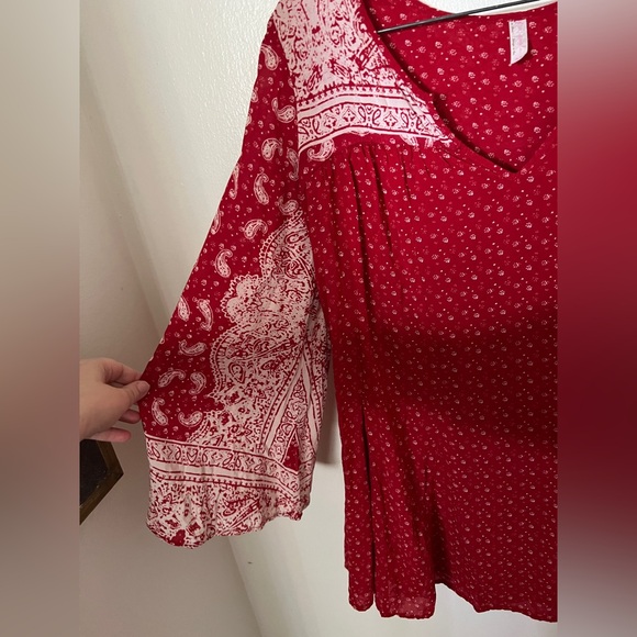 FREE PEOPLE Red Paisley Bell Sleeve Mixed Print Tunic Dress Size S Boho Festival - Picture 3 of 6